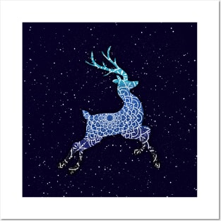 Blue Flying Reindeer Mandala in the Night Sky Posters and Art